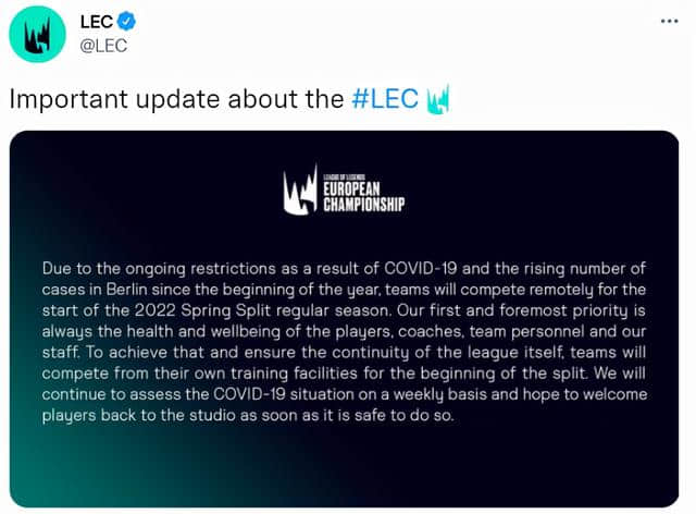 英雄联盟:LEC春季赛取消线下赛,各大队伍以远程形式开赛