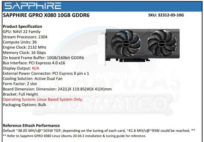 蓝宝石GPRO X080与X060矿卡曝光 采用AMD RDNA 2 GPU
