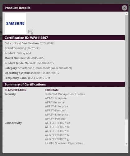 三星 Galaxy A04 手机通过 Wi-Fi 联盟认证，Galaxy A04s 手机已曝光