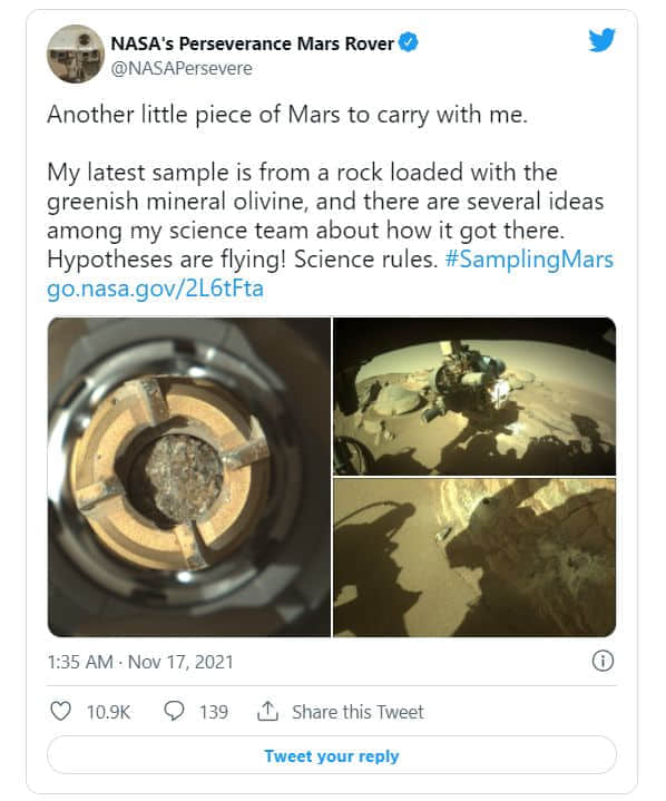 NASA“毅力号”采集到含有绿色矿物的火星岩石样本