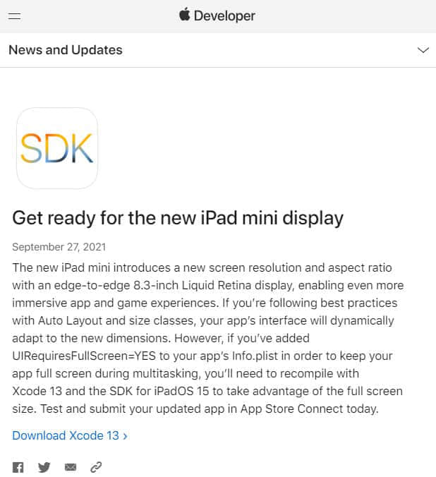 苹果提醒应用开发者及时更新适配iPad mini 6的新屏幕尺寸