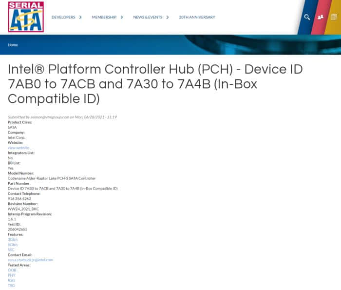 英特尔第 12/13 代酷睿 PCH 芯片组通过 SATA 认证