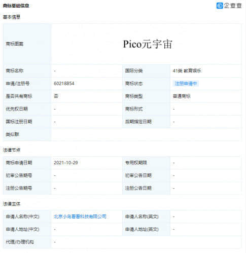 消息显示：字节跳动方注册pico元宇宙商标