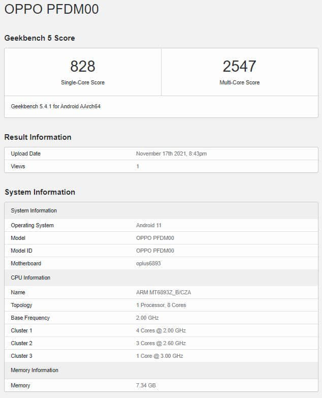 Geekbench曝光OPPO Reno7 Pro规格：天玑1200芯片组+8GB RAM