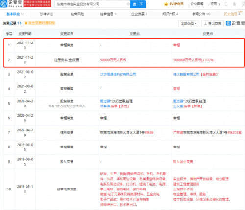 vivo关联公司注册资本增加至50亿，增幅达900%