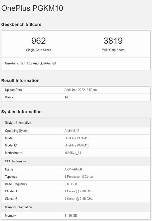 Geekbench曝光OnePlus Ace新机：采用联发科天玑8100芯片组