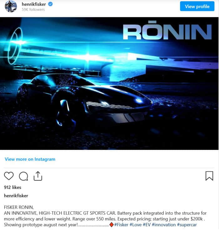 Fisker预告新Ronin电动GT汽车：将有550英里续航能力