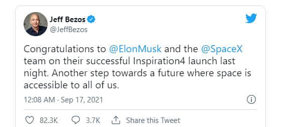 贝索斯祝贺马斯克和Inspiration4任务发射成功