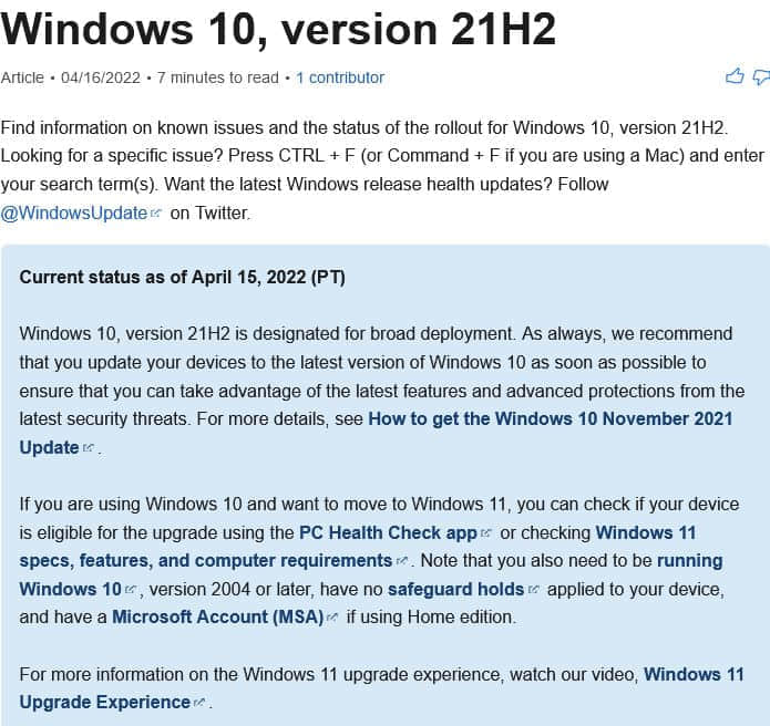 微软称Windows 10 21H2版已向所有人开放