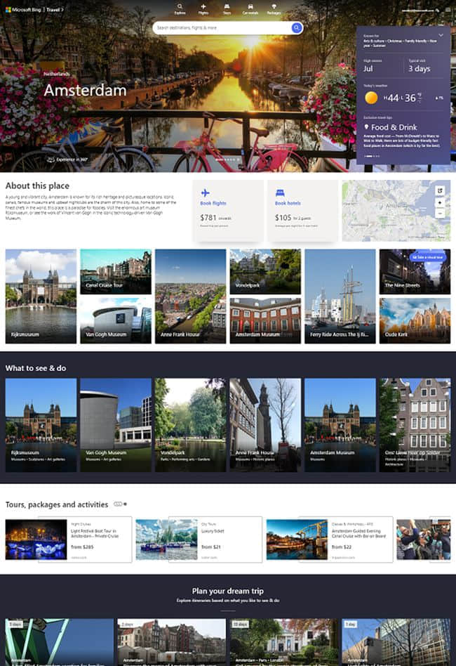 微软宣布在Bing上推出新的旅游体验功能