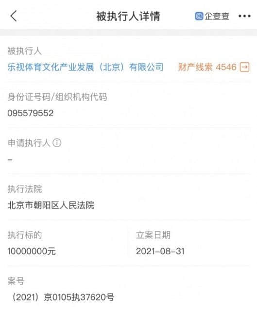 乐视体育新增被执行人，执行金额超1000万元