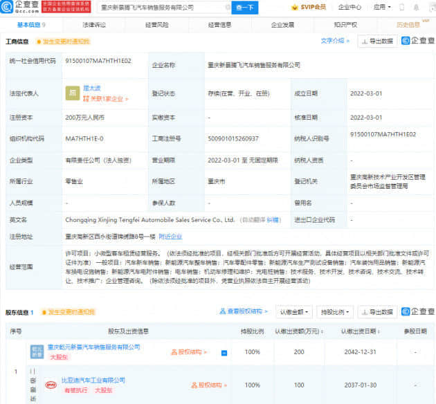 比亚迪于重庆成立新公司 经营范围含换电设施销售