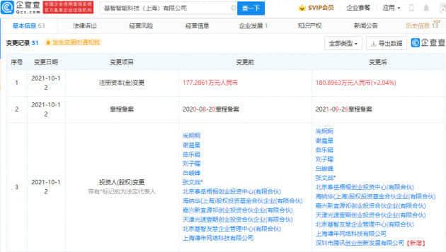 腾讯投资基智智能 从事智能技术领域内的技术开发等