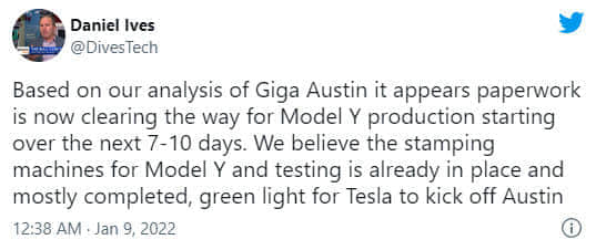 特斯拉德州工厂预计在7到10天内开始生产Model Y