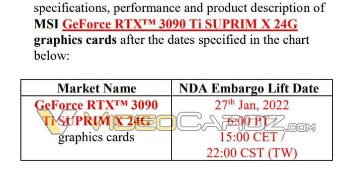泄露文件证实微星RTX 3090 Ti SUPRIM X显卡将于1月27日到来