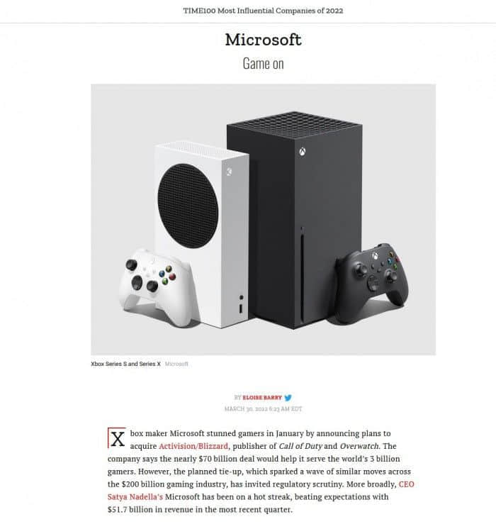 微软再次入选《时代》周刊的100家最有影响力公司名单