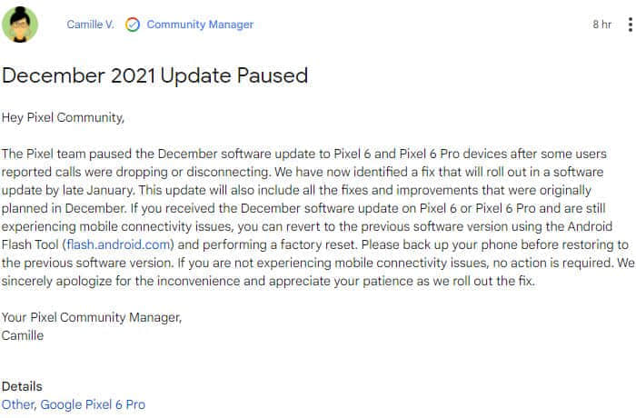 谷歌暂缓2021年12月更新 调查Pixel 6的断连问题
