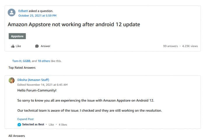 亚马逊承认Appstore不兼容Android 12 但过去5周仍未解决