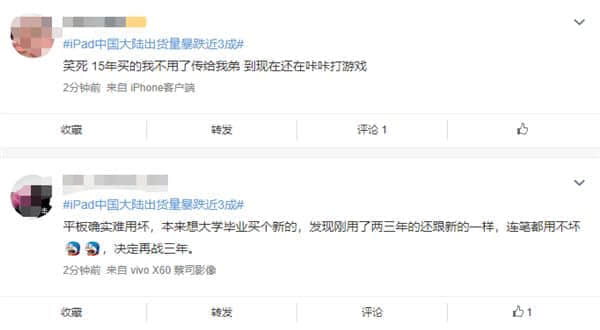 iPad中国大陆出货量暴跌近3成 网友称太耐用：一台能用近十年