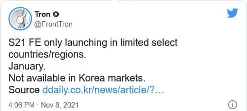 Galaxy S21 FE将在有限的市场推出不会在韩国市场发布