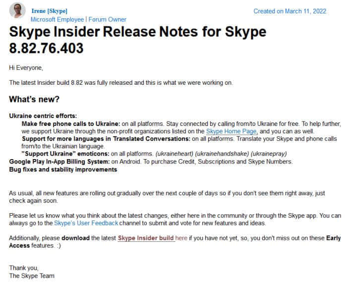 微软让内测用户在Skype上免费与乌克兰的人们通过电话联络