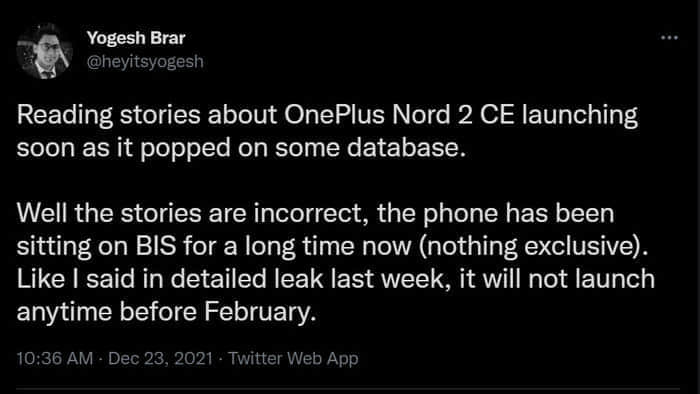消息称一加 Nord 2 CE 不会早于2月发布