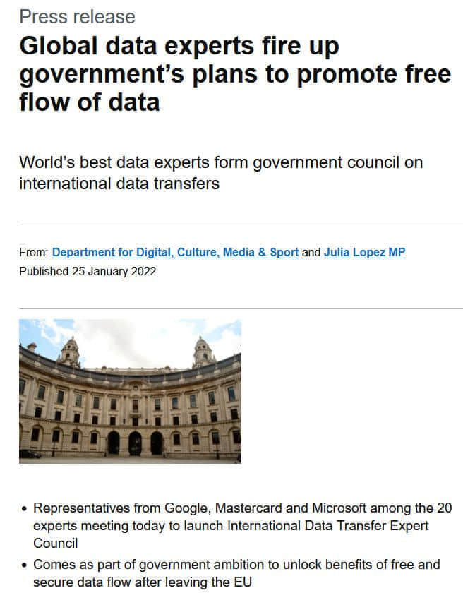 Google、微软等大型科技公司向英国政府提供国际数据传输建议