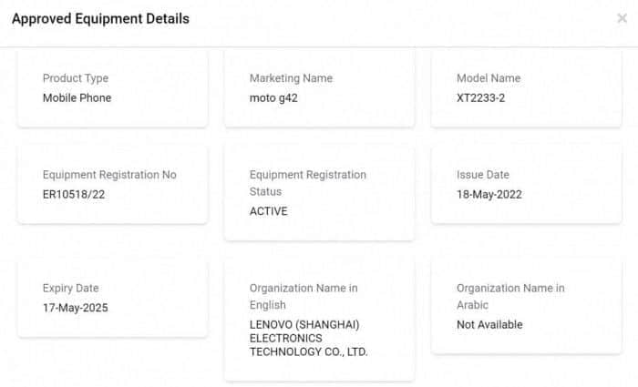 摩托罗拉Moto G42的渲染图和认证信息浮出水面
