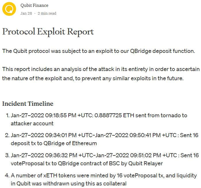 以太坊智能合约代码缺陷致Qubit DeFi平台被窃取8000万美元加密货币