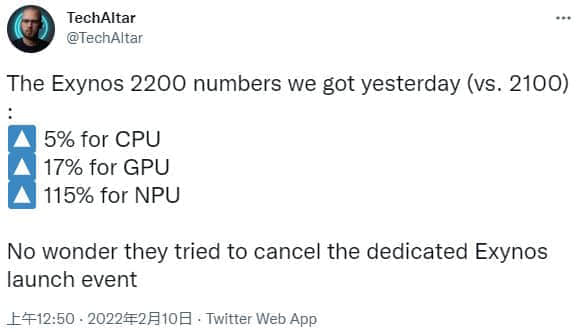 Exynos 2200 CPU性能提升仅5% GPU也让人失望