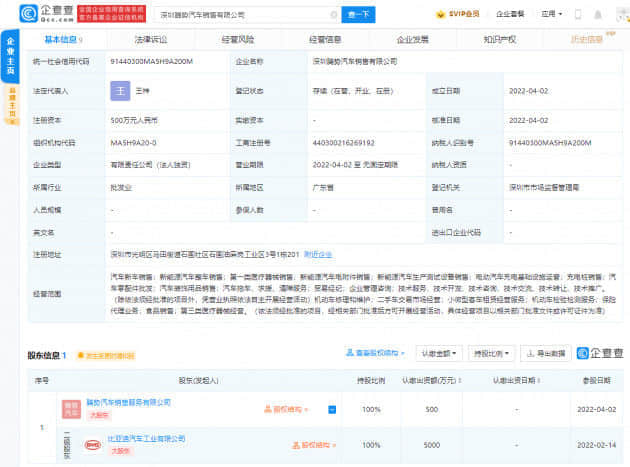 比亚迪于深圳成立新公司 经营范围包含新能源汽车整车销售