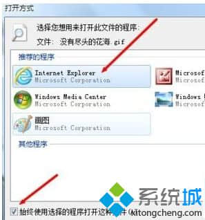 勾选下面的“始终使用选择的程序打开这种文件”